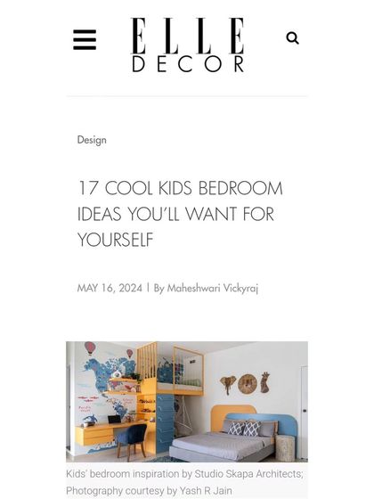 The Elle Decor article "17 Cool Kids Bedroom Ideas You'll Want For Yourself," featuring my design. It showcases how the room combines playfulness with functional design elements like the bunk bed and study area.