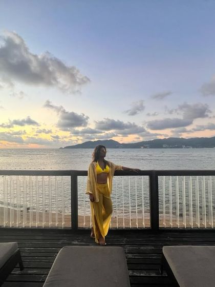 A beautiful evening in Thailand. This yellow beach cover-up set is both comfortable and stylish.