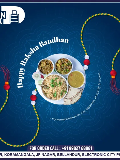 We also cater for festive occasions and family gatherings. This image, created for Raksha Bandhan, shows our special festive thali, perfect for celebrating with your loved ones without the stress of cooking.