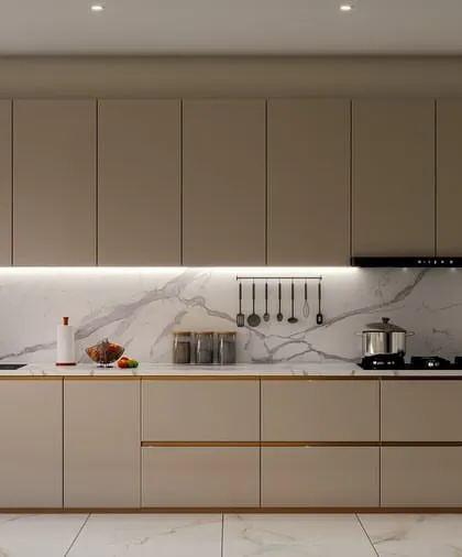 A 3D render of a future kitchen project. This design features handleless beige cabinets, a stunning marble-patterned backsplash that extends to the countertop, and integrated lighting for a seamless and minimalist aesthetic.