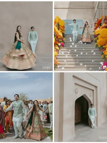 A collage capturing the vibrant daytime events at a Jaipur palace wedding, from the colorful floral decor on the grand staircase to the joyful baraat procession.