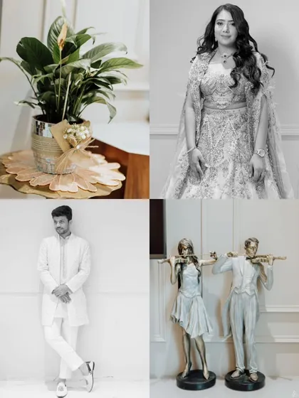 A collage showing details from Aayushi and Ameya's engagement. It includes portraits of the bride and groom, along with artistic shots of the decor, setting the scene for their elegant event.
