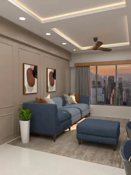 This 3D concept explores a warm, minimalist living room with a blue sofa and natural wood tones, overlooking a city view.