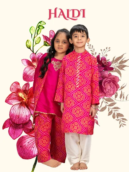 Perfect for a Haldi ceremony, this brother and sister are coordinated in a vibrant pink bandhani print. The design is festive, bright, and full of energy.
