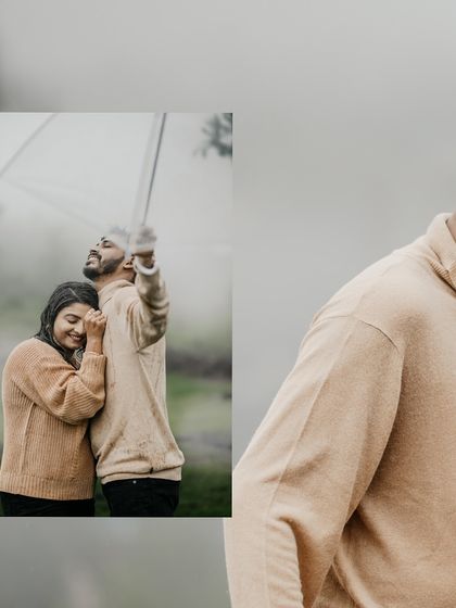 A collage capturing the cozy and romantic moments of a couple's pre-wedding shoot in the rain and mist.
