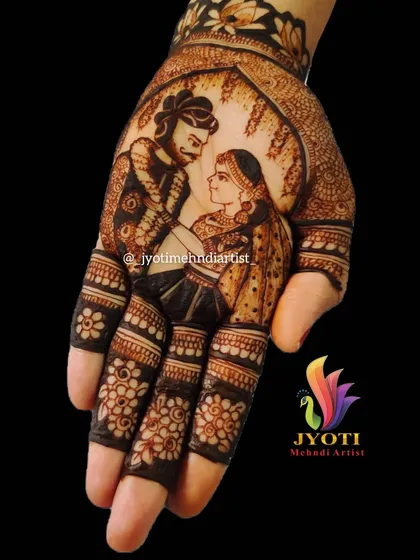 Your story, told through henna. This custom portrait captures the beautiful varmala ceremony, one of the most special moments of a wedding, right on the bride's palm. I specialize in creating these detailed narrative designs.