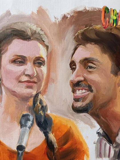 A painting of Diljit Dosanjh and Parineeti Chopra from the movie 'Chamkila'.