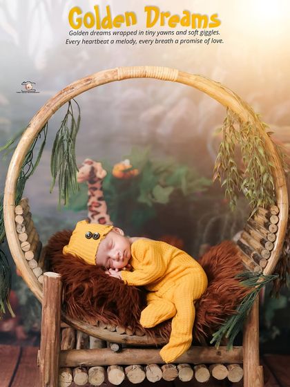 A creative edit that adds a touch of magic to the final image. The text overlay "Golden Dreams" perfectly complements the warm, yellow tones and the peaceful, dreaming baby.
