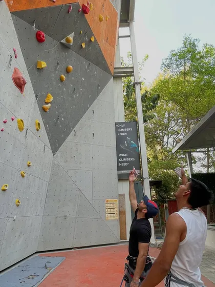 Planning the route from the ground up. Our outdoor lead wall offers a different challenge, letting you climb in the fresh air.