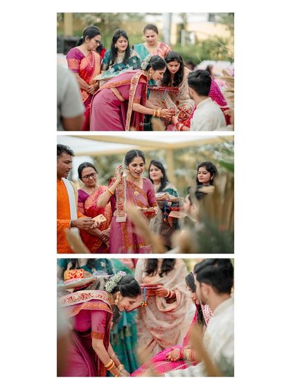 A collage showing the beautiful family rituals that are part of a Gujarati wedding, filled with love and blessings.