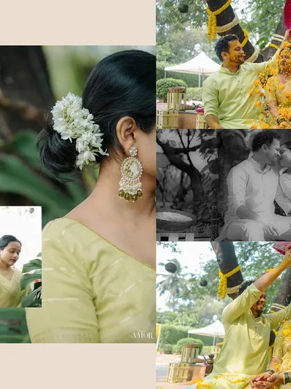 A mix of details and moments from the Haldi. It features a close-up of the bride's traditional hairstyle, candid moments of celebration, and a romantic black and white shot.