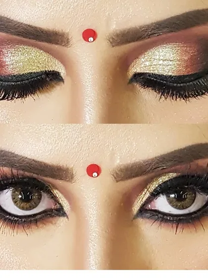 Traditional Indian eye makeup is timeless. For this look, I created a classic winged liner with a gradient of rich brown and sparkling gold eyeshadow. This style is perfect for brides and anyone wanting a dramatic, festive eye for their *khaas din*.