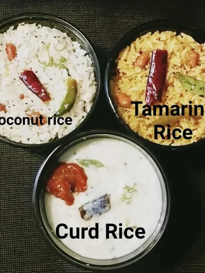 I offer a variety of traditional rice bowls that are perfect as part of a larger meal or as a combo. This picture shows three of my most requested rice dishes: classic Tamarind Rice (Pulihora), delicate Coconut Rice, and soothing Curd Rice.