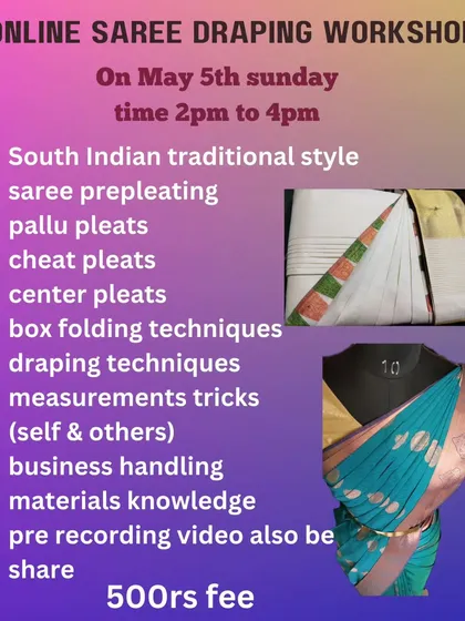 This workshop broke down the pleating process into pallu, cheat, and center pleats for detailed instruction.