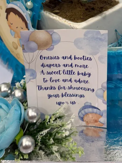 A close-up of the sweet thank you card included in our baby shower hampers.