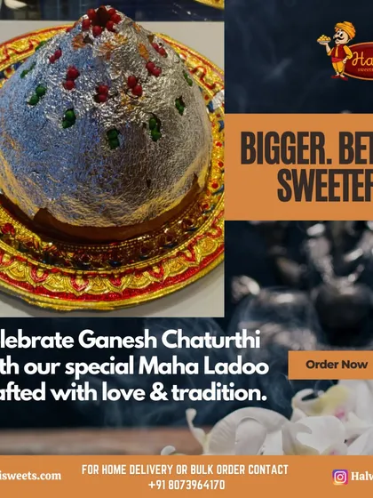 My special Maha Ladoo for Ganesh Chaturthi, a grand, silver-leaf-covered sweet that is bigger, better, and sweeter, crafted with love for the festival.