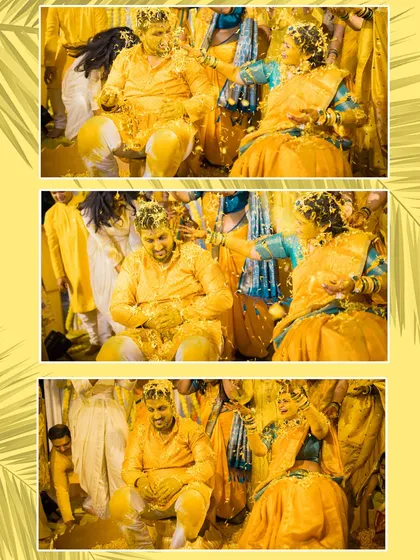 Close-up shots capturing the joyful chaos of a Haldi ceremony as the couple is playfully covered in turmeric paste.