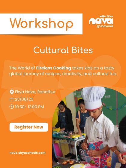 My 'Cultural Bites' workshop takes kids on a global journey through fireless cooking. This poster highlights a fun, hands-on session where children learn about different cultures, nutrition, and creativity in the kitchen.