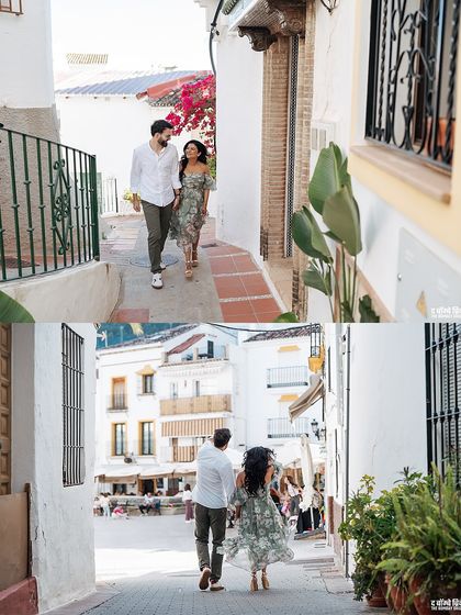 Twirling through the streets of Marbella. For their pre-wedding shoot, we styled the couple in relaxed, sophisticated outfits that allowed for candid, romantic moments against the backdrop of Spain.