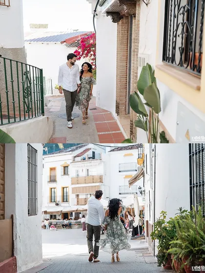 Walking through the picturesque streets of Marbella, their coordinated outfits blend seamlessly with the white-washed buildings and vibrant bougainvillea. This is what on-site styling is all about.