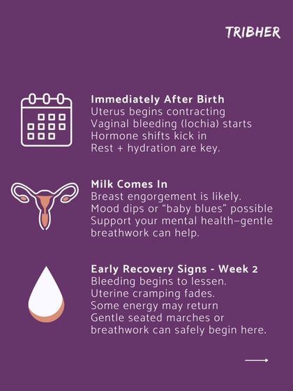 This graphic details the first two weeks of postpartum recovery, explaining what happens immediately after birth with uterine contractions and hormonal shifts, and what to expect as your energy slowly returns.