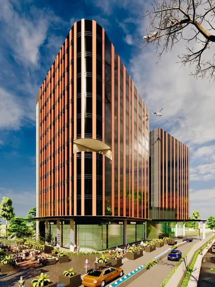 An architectural rendering of a Grade A business building on the Noida-Greater Noida expressway. The design is rooted in solar passive principles, with vertical fins that control heat gain while creating a dynamic, rhythmic pattern across the facade, integrating green spaces at the ground level.