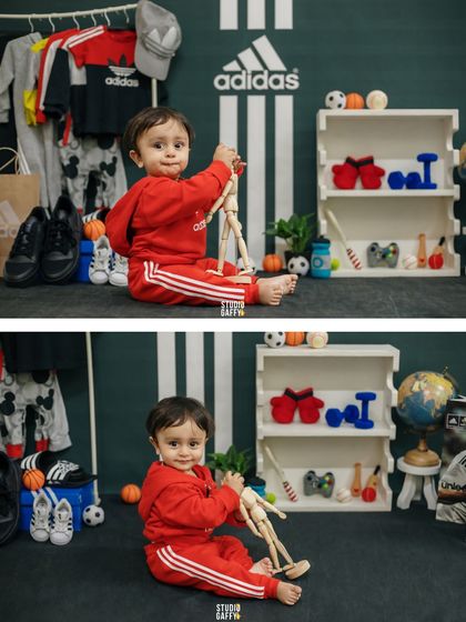 A collage from the Adidas-themed shoot, showing the little model playing with various props.