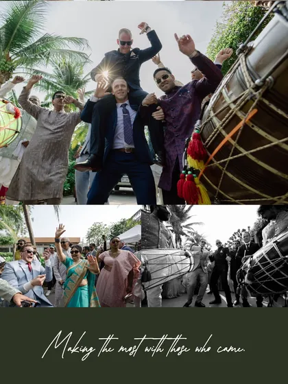 The baraat was a fusion of energy, with friends and family from different continents dancing to the beat of the dhol. This collage captures the high-energy celebration and the bonds that make a wedding complete.
