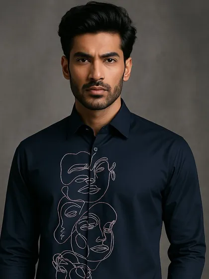 A striking portrait of the navy blue shirt with abstract face embroidery. The subtle contrast of the thread against the dark fabric creates an intriguing and artistic effect.