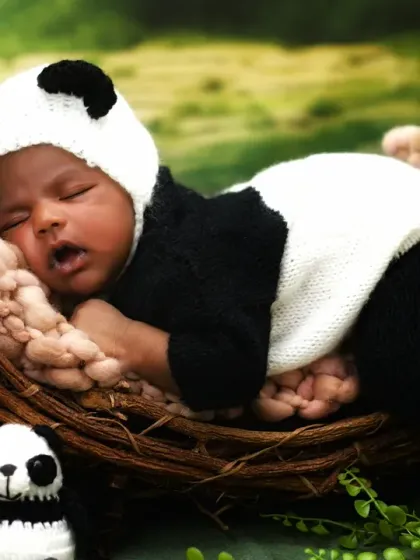 A close-up of a sleeping newborn in a panda costume, nestled in a rustic vine wreath, capturing the peacefulness of the moment.