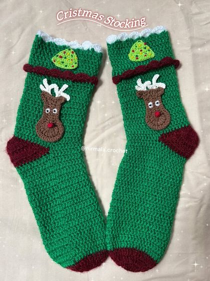 Another shot of our festive Christmas stockings, ready to be hung by the chimney with care. We can customize these with different colors or designs.