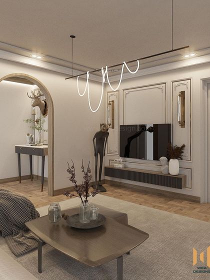 This view highlights the arched entryway and the interplay between different zones, all tied together by the neo-classical and contemporary design elements.