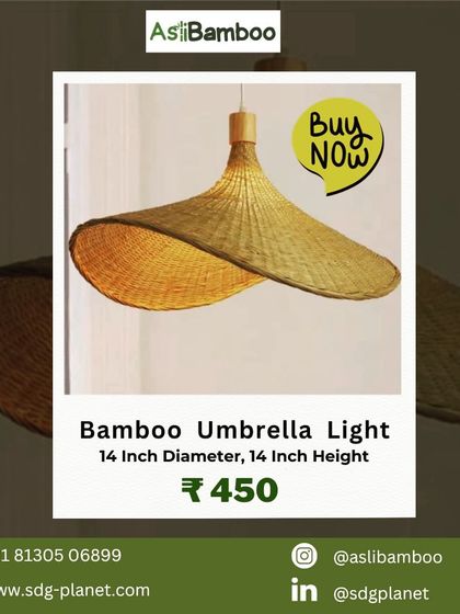An advertisement for our Bamboo Umbrella Light, highlighting its 14-inch diameter and affordable price. This simple, elegant design is one of our most popular and versatile pieces.