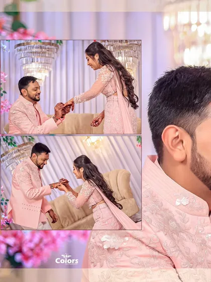 A creative collage showing the ring exchange ceremony, focusing on the hands and the happy couple.