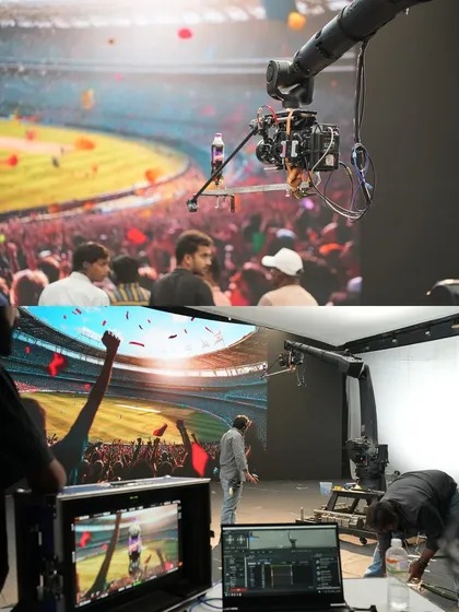The camera on a large crane captures a sweeping shot of the virtual stadium for the Campa ad. The bottom image shows our crew working on the studio floor, with the final visuals live on the LED screen.