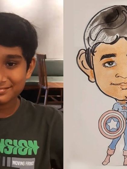 From photo to superhero! Here's a side-by-side of a birthday boy and his Captain America caricature, a perfect giveaway for a superhero-themed party.