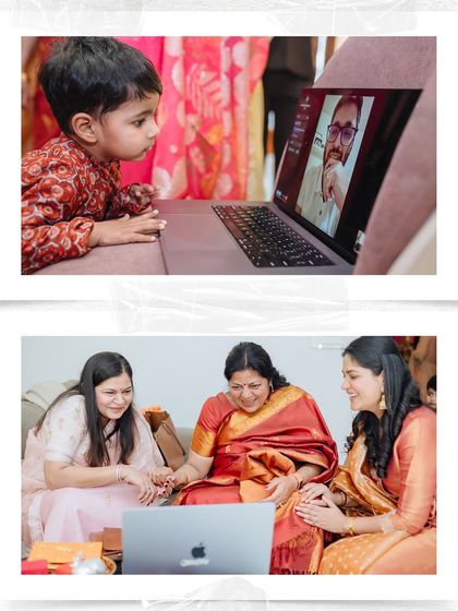 A collage showing the youngest guest and the elders of the family all enjoying the virtual Roka ceremony.