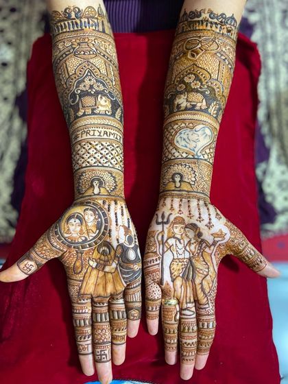 A stunning design combining divine portraits of Shiva and Parvati with personal portraits of the bride's parents, making it a deeply meaningful piece of art.