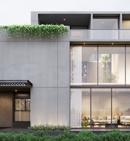 A rendering of a single villa prototype from our Bangalore housing master plan. The design features double-height glazing to create bright, open living spaces, with integrated planters and a rooftop terrace to maximize connections to the outdoors.