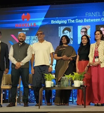 The panellists, including our partner Vijay Dahiya, gathered on stage at the Smart Office Summit. These industry events are vital for sharing knowledge and challenging uniform global benchmarks in design.