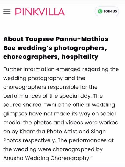 A mention in Pinkvilla recognizing my choreography for the performances at Taapsee Pannu's wedding. I am overwhelmed by all the love and support.