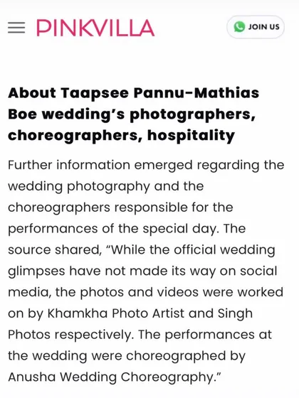 A mention in Pinkvilla recognizing my choreography for the performances at Taapsee Pannu's wedding. I am overwhelmed by all the love and support.
