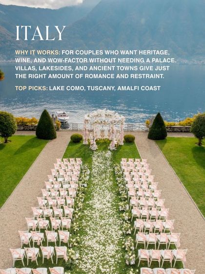 Why Italy? For couples who want heritage, wine, and wow-factor without needing a palace. Villas and lakesides in Lake Como or the Amalfi Coast offer romance and restraint.