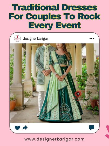 This couple chose a beautiful shade of green for their coordinated outfits. The groom's patterned sherwani perfectly complements the bride's intricately designed lehenga.