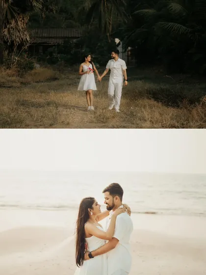 This collage contrasts a walk through a grassy field with an intimate embrace on the beach, showing the variety of backdrops available for an outdoor shoot.