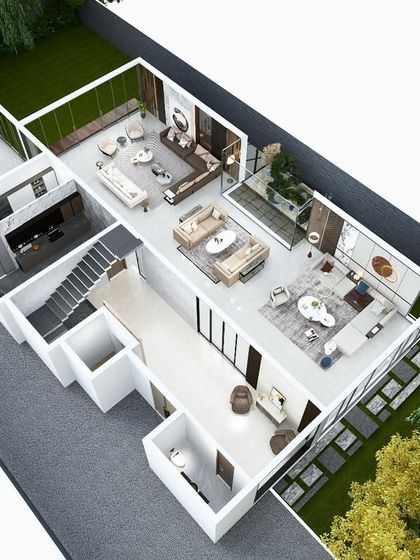 A 3D floor plan of our latest residential project in Delhi. It showcases an emphasis on natural light and seamless transitions between indoors and outdoors for contemporary, sophisticated living.