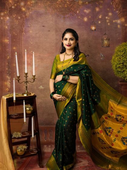 A stunning solo portrait from a Diwali-themed session. The mother-to-be looks radiant in a dark green and gold saree, surrounded by the warm glow of candles.