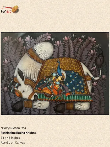 'Rethinking Radha Krishna' by Nikunja Behari Das, a unique composition where the divine couple is sheltered under a peacock, blending symbolism with intricate detail.