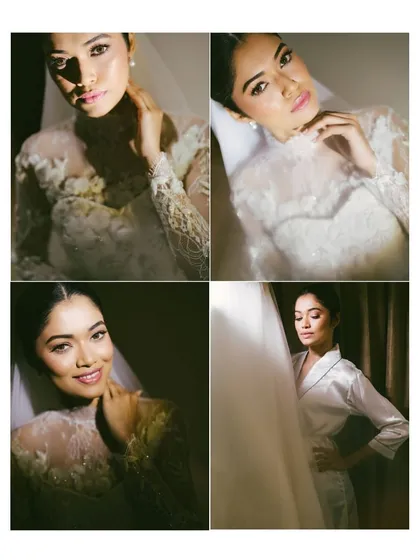 A collage of artistic and elegant bridal portraits. The creative use of light and shadow highlights the bride's features and the details of her gown.