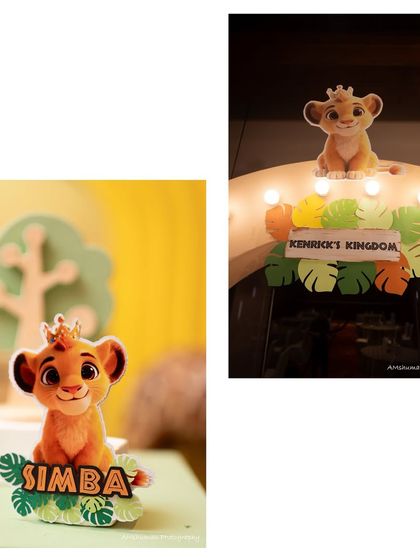 It's all about the king of the jungle. These close-ups show our Simba cutouts, one welcoming guests to 'Kenrick's Kingdom' and another adding a royal touch to the decor.
